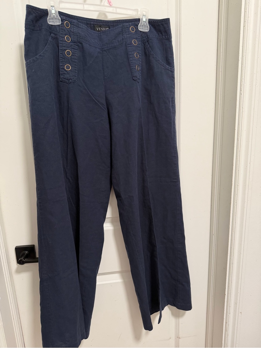 VENUS Navy Wide-Leg Chinos with Grommet Waist Detail